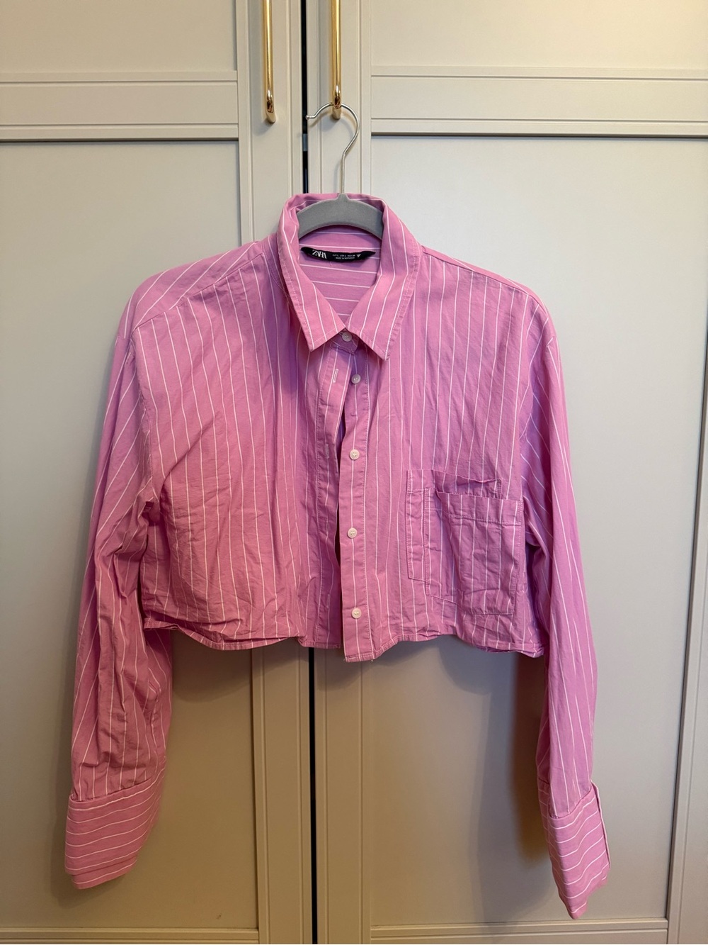 Zara Pink White Pinstripe Cropped Button-Down Shirt